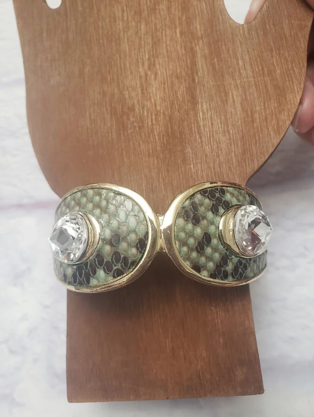 Snakeskin & Rhinestone Goldtone Hinged Bangle Bracelet
